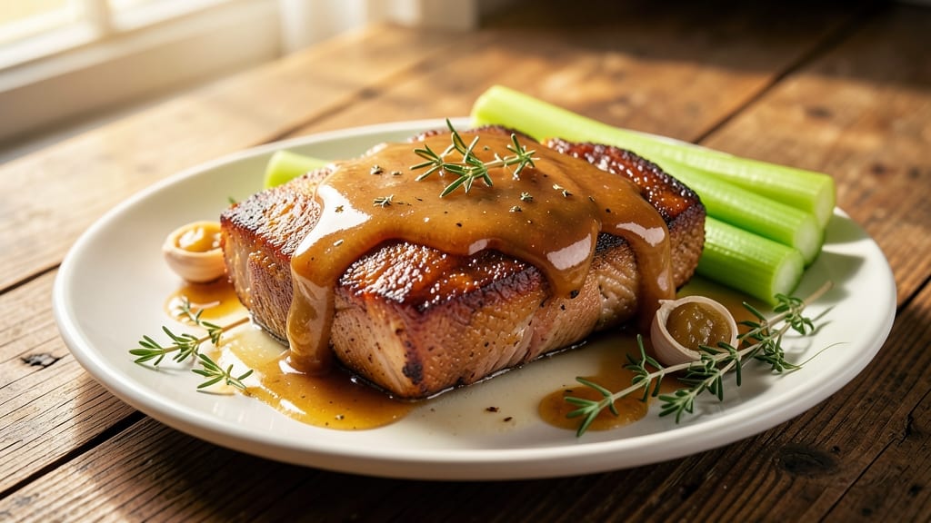 Apple Cider Pork Belly Recipe: Crispy Celery Crowns Over Sweet-Smoky Gravy