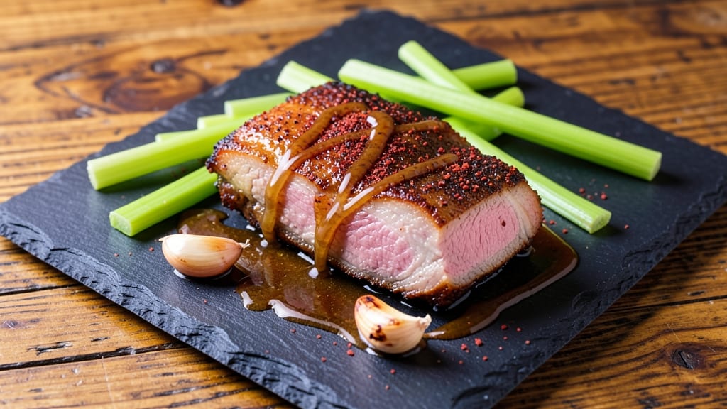 American Pork Belly Recipe: Crispy Celery Crowns Over Smoky Maple-Glazed Richness