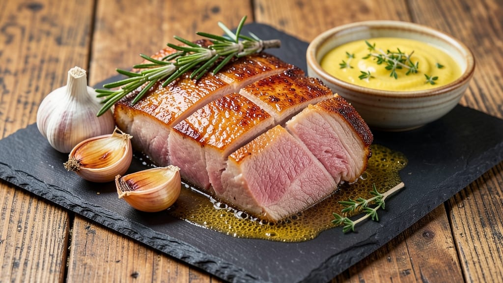 America's Test Kitchen Pork Belly Recipe: Celery Crown Crunch Over Smoky Herb Velout