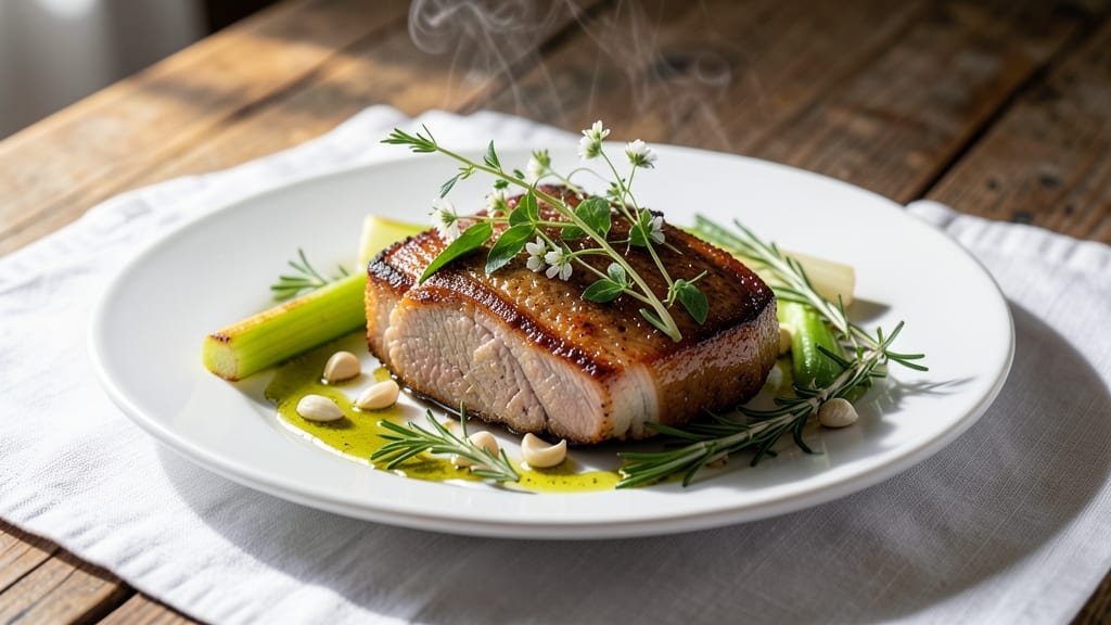 Michael Symon's Pork Belly Recipe: Crispy Celery Crowns Over Smoky Herb Gravy