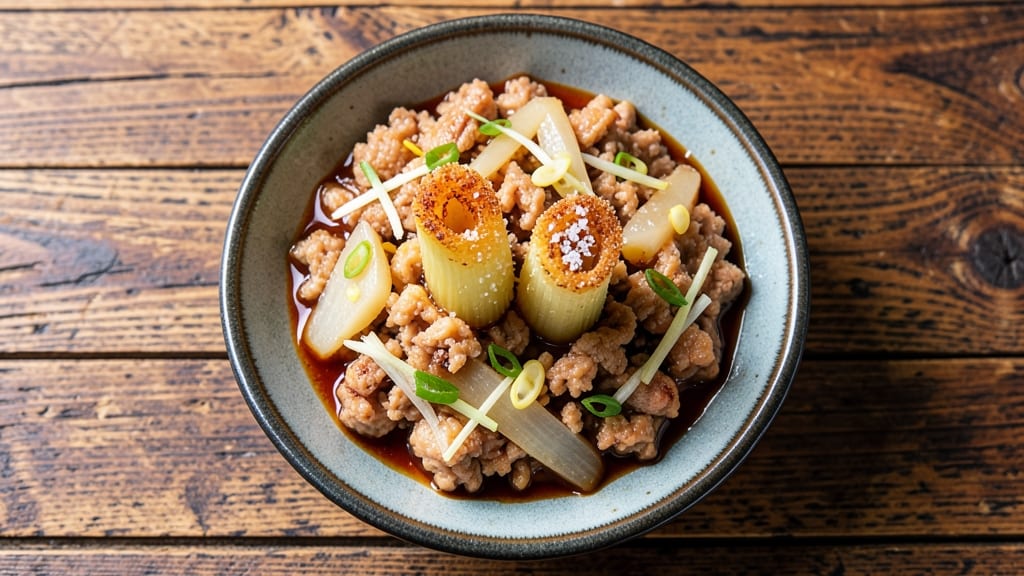 Minced Pork and Lotus Root Recipe: Crispy Celery Crowns Over Savory Stir-Fry Base