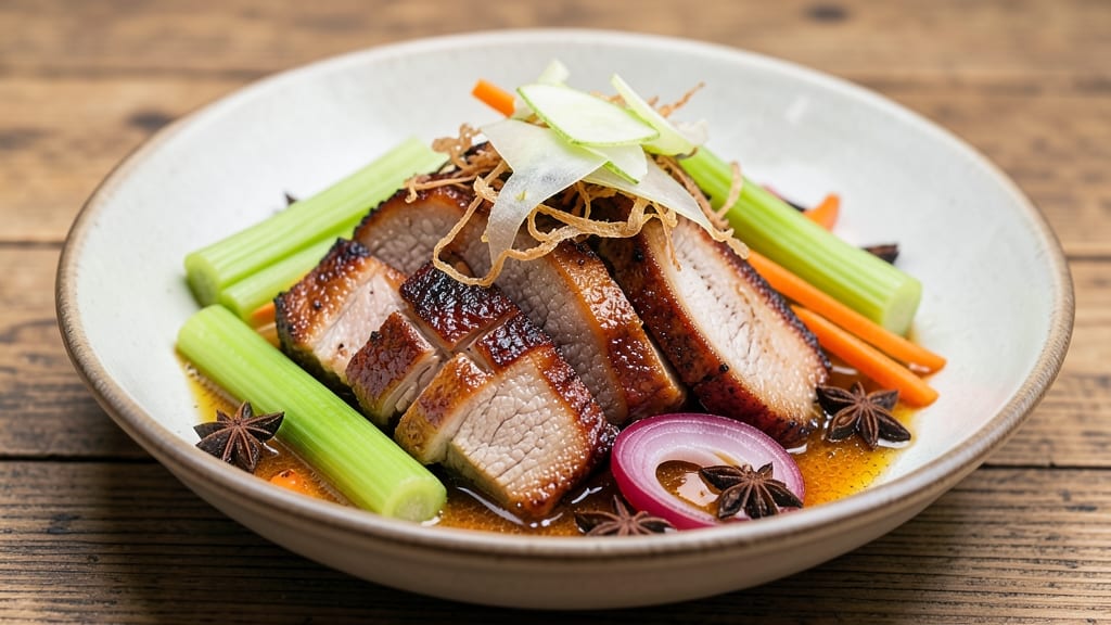 Asian Pork Neck Recipe: Smoky Five-Spice Braise With Celery Crown Crunch