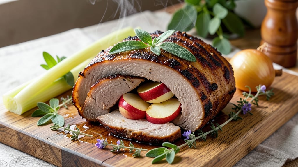 Apple Stuffed Pork Loin Roast Recipe Boneless: Celery Crown Crunch Over Sweet Apple Filling